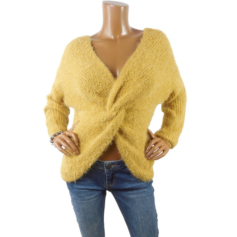 MADE WITH LOVE M Top New Fuzzy Knit Shirt Yellow Gold V-Neck Wear 2 Ways